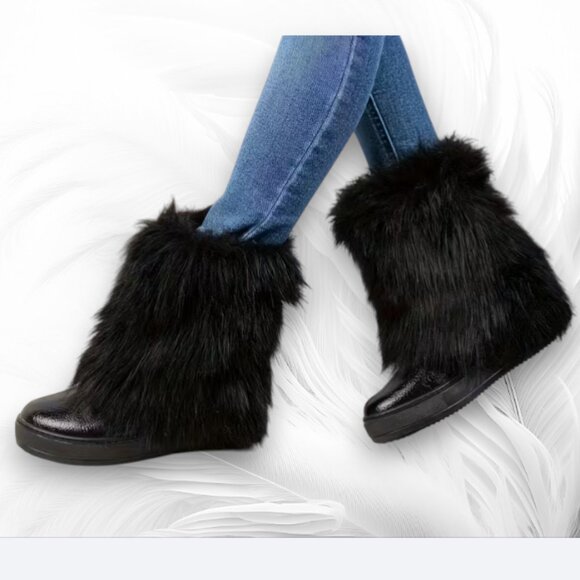 Black Faux Fur Boot Covers Leg Warmers - Picture 1 of 4